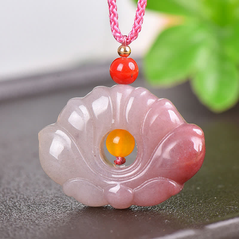 Pink Golden Silk Jade Lotus Flower Wealth Necklace Pendant