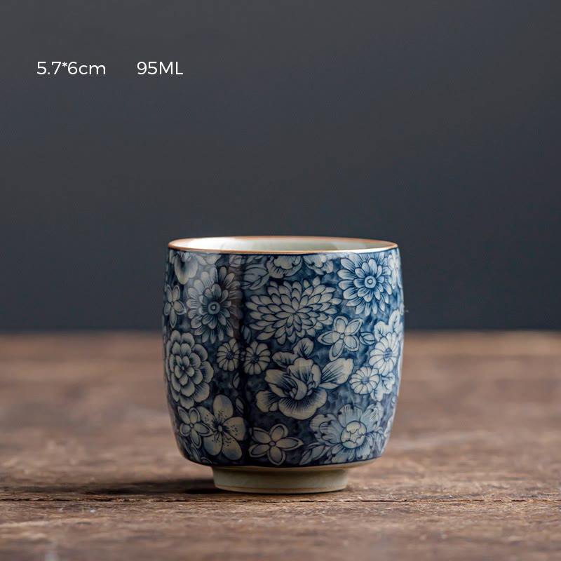 Buddha Stones Blue Lotus Peach Blossom Chrysanthemum Design Ceramic Teacup Kung Fu Tea Cups