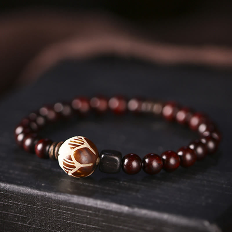 Buddha Stones Small Leaf Red Sandalwood Lotus Bodhi Seed Carved Protection Double Wrap Bracelet