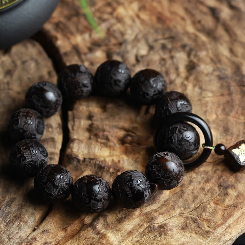 Buddha Stones Ebony Wood Chinese Character Yin Yang Engraved Gourd Balance Bracelet