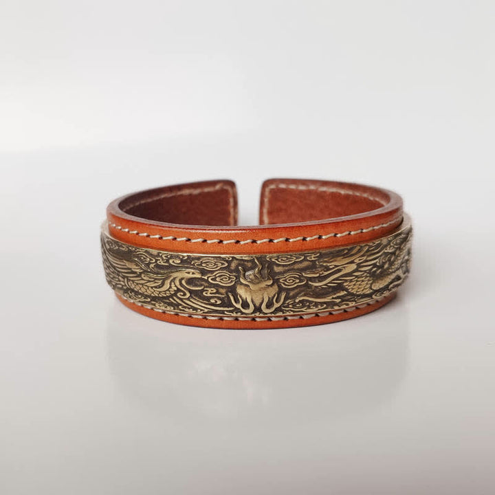 Buddha Stones 2Pcs Om Mani Padme Hum Dragon Phoenix Copper Leather Peace Cuff Bracelet Bangle