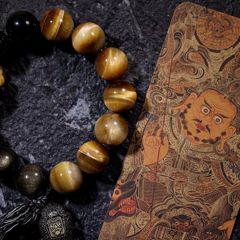 Buddha Stones Natural Gold Sheen Obsidian Tiger Eye Wealth Tassel Bracelet