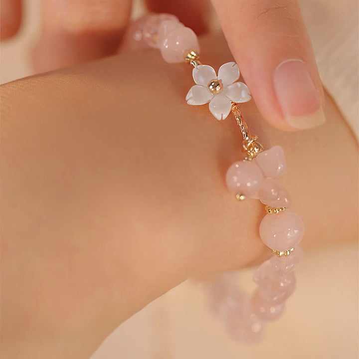 Buddha Stones 14k Gold Plated Natural Pink Crystal Flower Love Bracelet