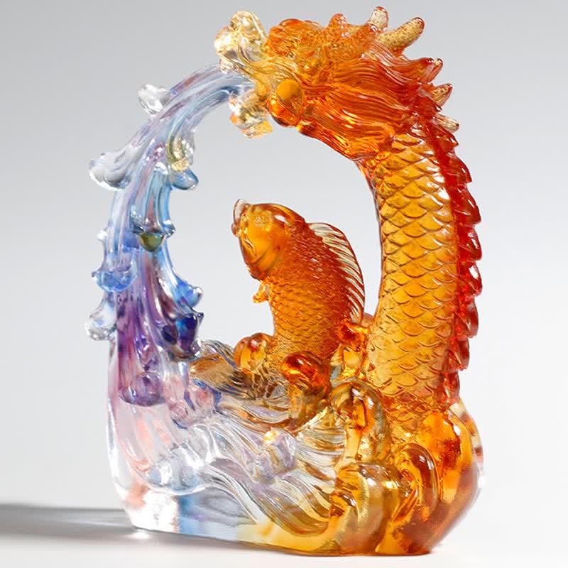 Feng Shui Dragon Koi Fish Handmade Liuli Crystal Art Piece Home Office Decoration