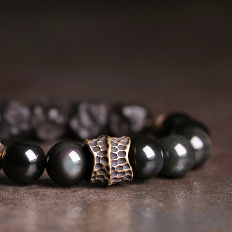 Buddha Stones Black Obsidian Ebony Wood Copper Strength Couple Bracelet