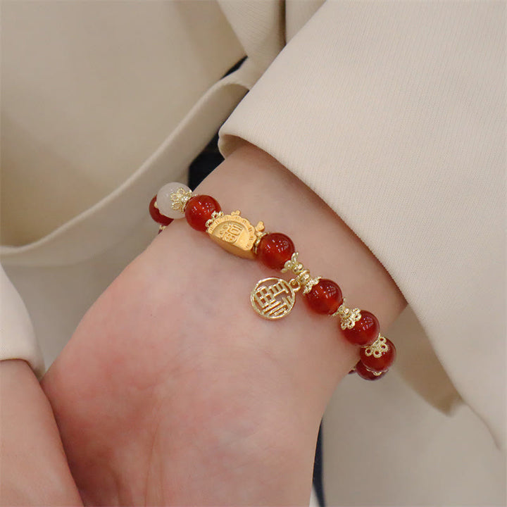 Buddha Stones Year Of The Dragon Red Agate Strawberry Quartz Black Obsidian Jade Garnet Pearl Cinnabar Dumpling Dragon Luck Fu Character Bracelet