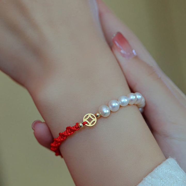 14K Gold Plated Pearl Bead Luck Protection Braid Red String Bracelet