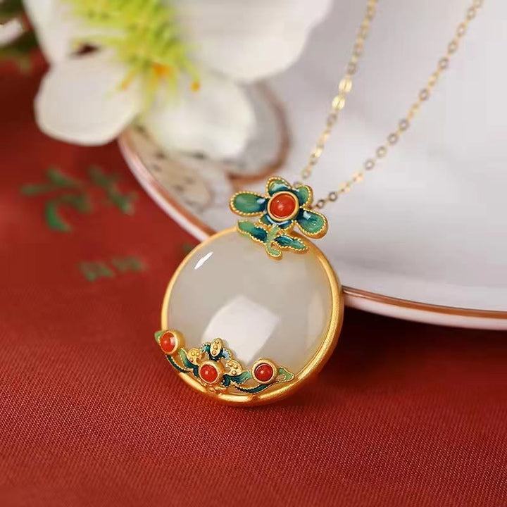 White Jade Red Agate Flower Blessing Luck Necklace Pendant