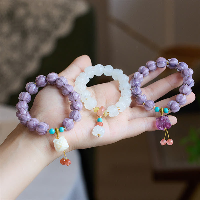 Buddha Stones Liuli Glass Bead Lotus Design Fluorite Ivory Fruit Dancing Lion Charm Enlightenment Bracelet