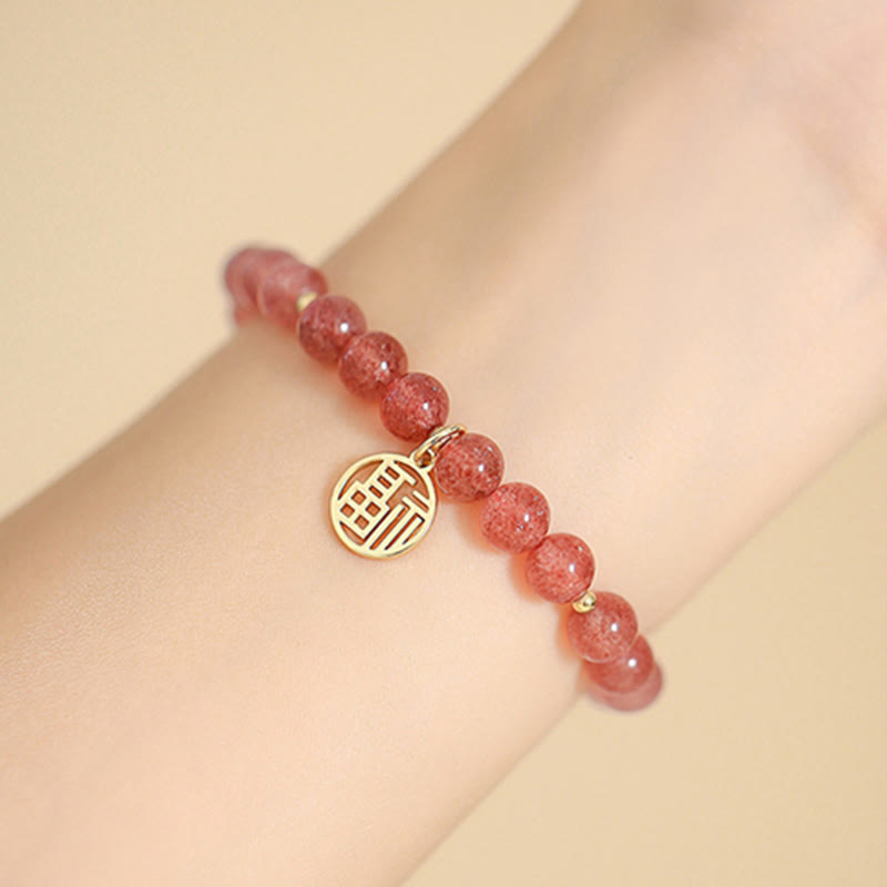 Buddha Stones 14K Gold Plated Strawberry Quartz Fu Character Healing Charm Bracelet