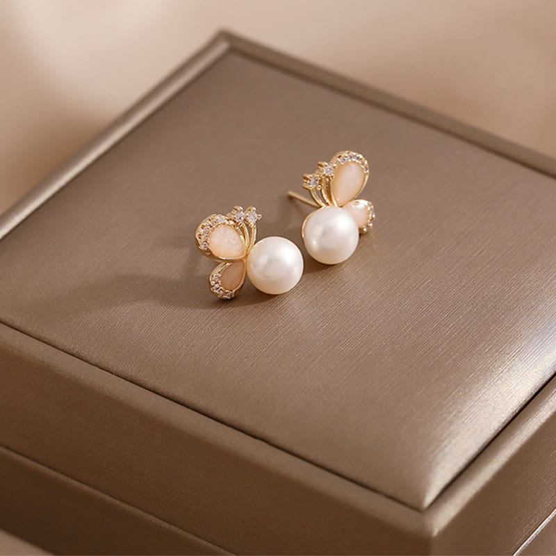 Buddha Stones 18K Gold Pearl Butterfly Love Freedom Stud Earrings