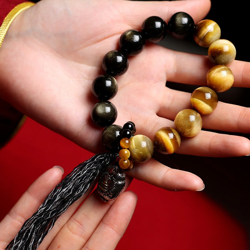 Buddha Stones Natural Gold Sheen Obsidian Tiger Eye Wealth Tassel Bracelet