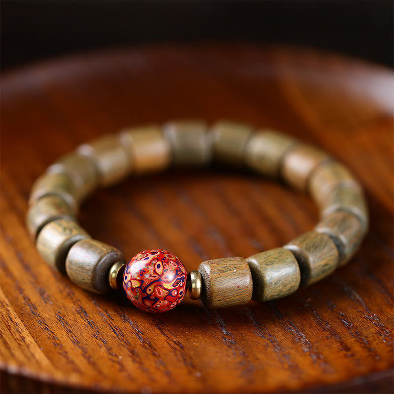 Buddha Stones Natural Green Sandalwood Small Leaf Red Sandalwood Lacquer Bead Peace Bracelet