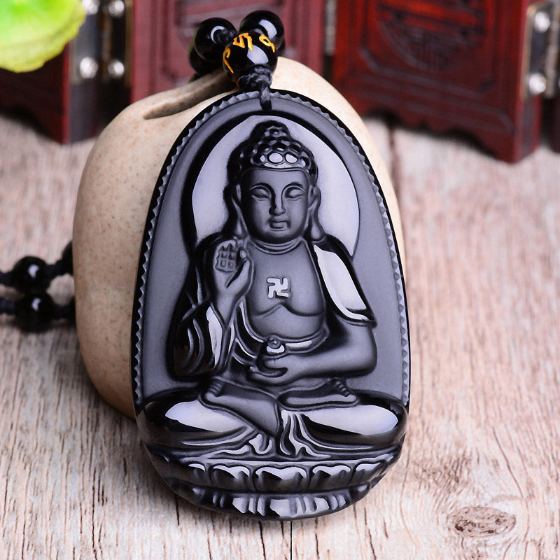 Buddha Stones Chinese Zodiac Obsidian Buddha Amulet Protection Pendant Necklace