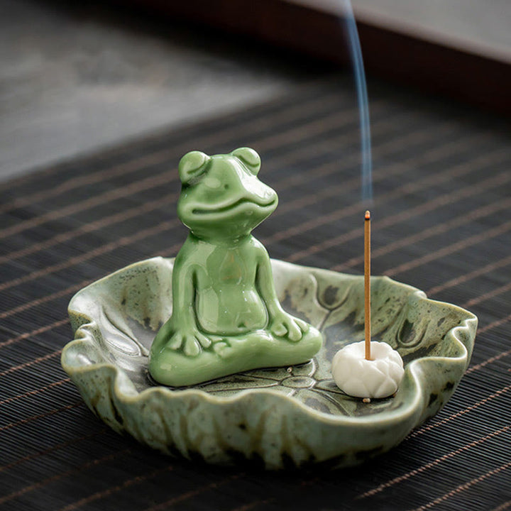 Buddha Stones Leaf Meditation Frog Pattern Healing Ceramic Incense Burner Decoration