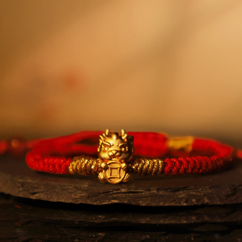 Buddha Stones 999 Sterling Silver Copper Coin Fortune Dragon Fu Character Luck Handcrafted Red String Braided Bracelet