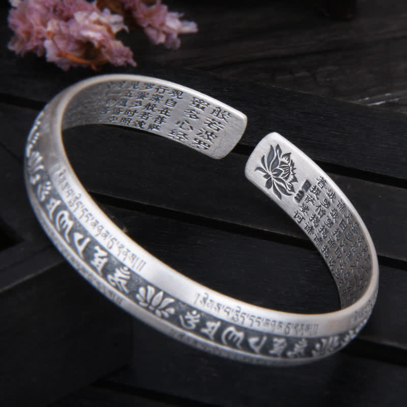 999 Sterling Silver Om Mani Padme Hum Heart Sutra Lotus Peace Bracelet Bangle