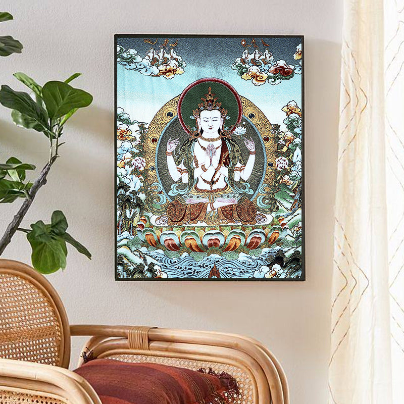 Buddha Stones Tibetan Silk Embroidery White Tara Thangka Tapestry Wall Hanging Wall Art Meditation for Home Decor