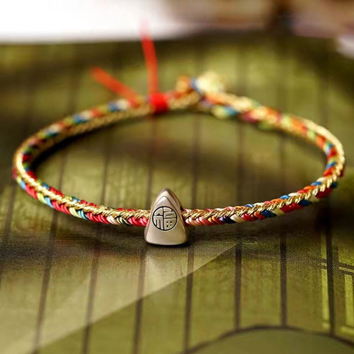 Buddha Stones 925 Sterling Silver Fu Character Zongzi Pattern Multicolored String Luck Handmade Braided Bracelet