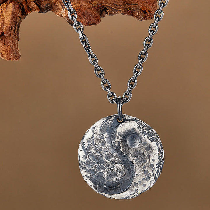 Buddha Stones 990 Sterling Silver Yin Yang Hammer Texture Harmony Necklace Pendant