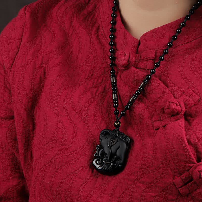 Black Obsidian Elephant Protection String Necklace Pendant Key Chain