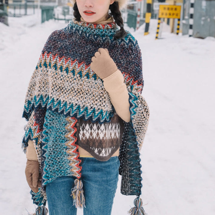 Tibetan Shawl Blue Beige Red Wavy Pattern Winter Warm Tassel Scarf