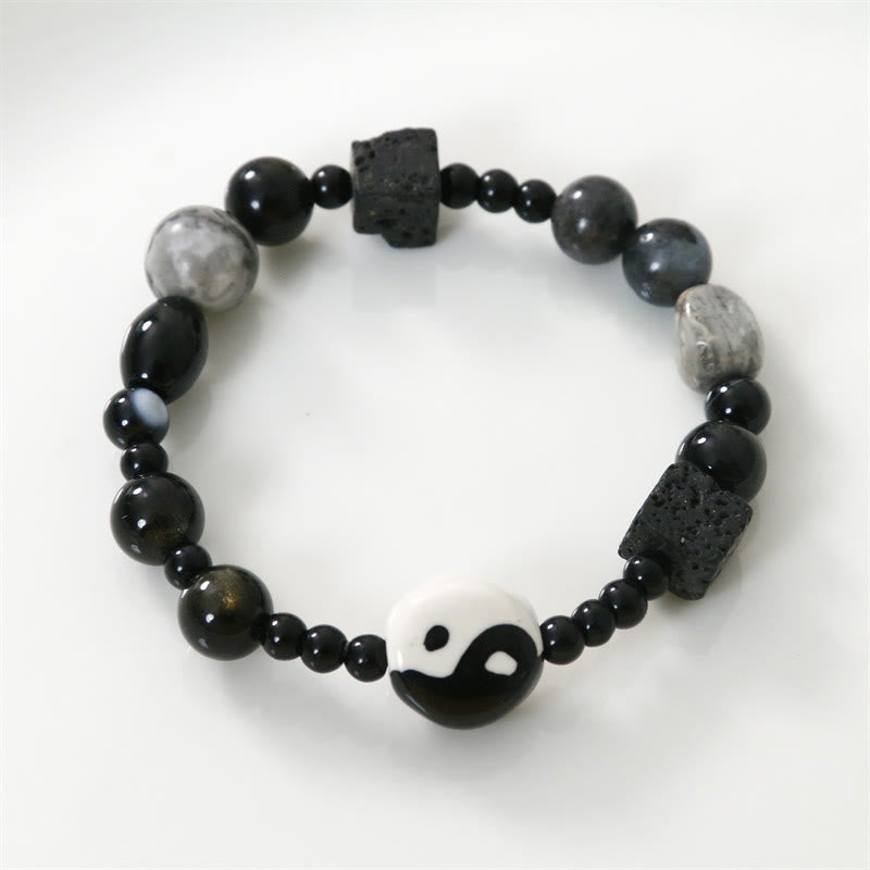 Buddha Stones Black Onyx Picasso Jasper Bead Yin Yang Fortune Protection Bracelet