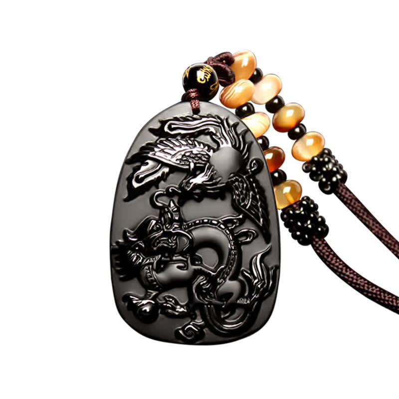 Black Obsidian Tiger Eye Dragon Phoenix Protection Beaded Necklace Pendant