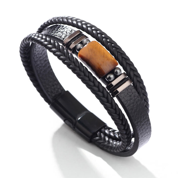 Buddha Stones Tiger Eye Power Magnetic Buckle Multilayered Leather Bracelet