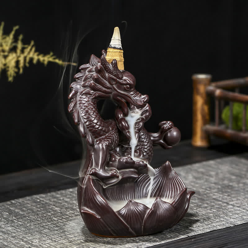 Dragon Lotus Pattern Strength Protection Ceramic Incense Burner Decoration