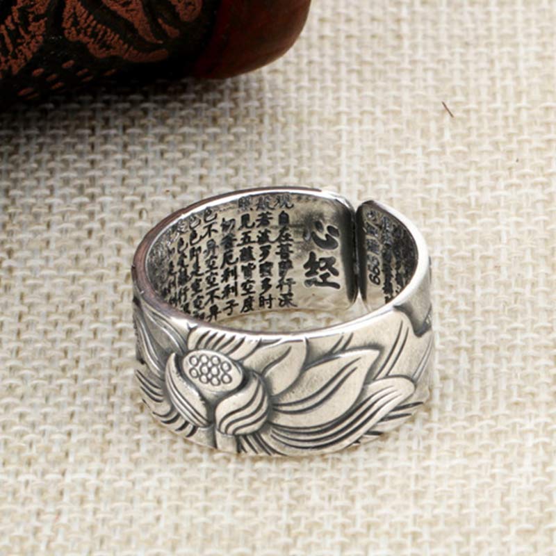 999 Sterling Silver Lotus Symbol Heart Sutra Protection Ring