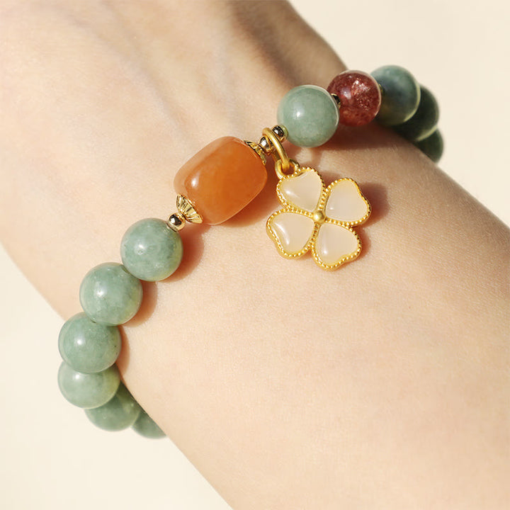 Buddha Stones Jade Four Leaf Clover Charm Prosperity Bracelet