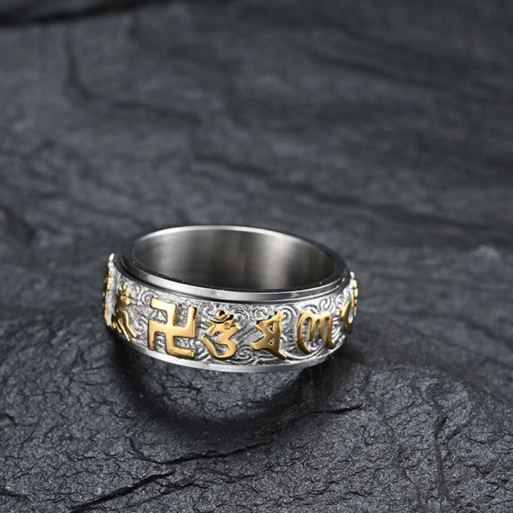 Buddha Stones Om Mani Padme Hum Balance Calm Titanium Steel Ring