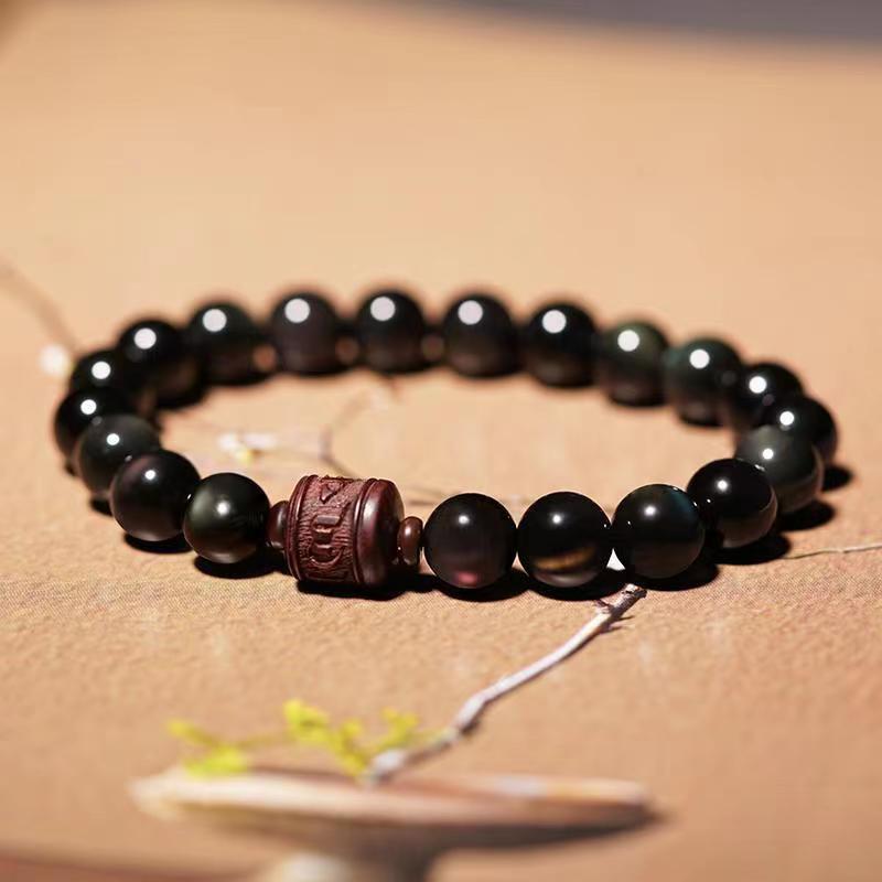 Buddha Stones Natural Gold Sheen Obsidian Rainbow Obsidian Om Mani Padme Hum Fu Character Healing Bracelet