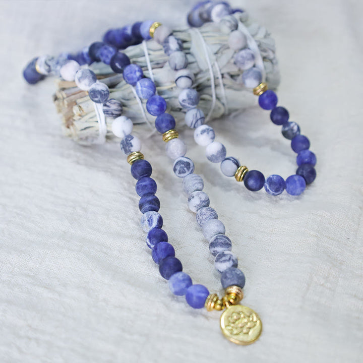 Buddha Stones 108 Natural Picasso Jasper & Blue Stone Mala Bead Lotus Pendant Bracelet