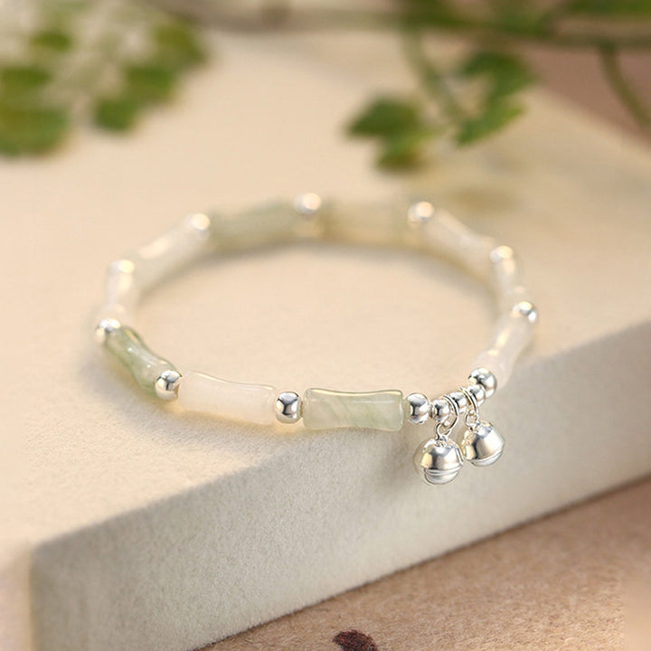 Buddha Stones 925 Sterling Silver Natural White Jade Bamboo Bell Charm Luck Happiness Bracelet