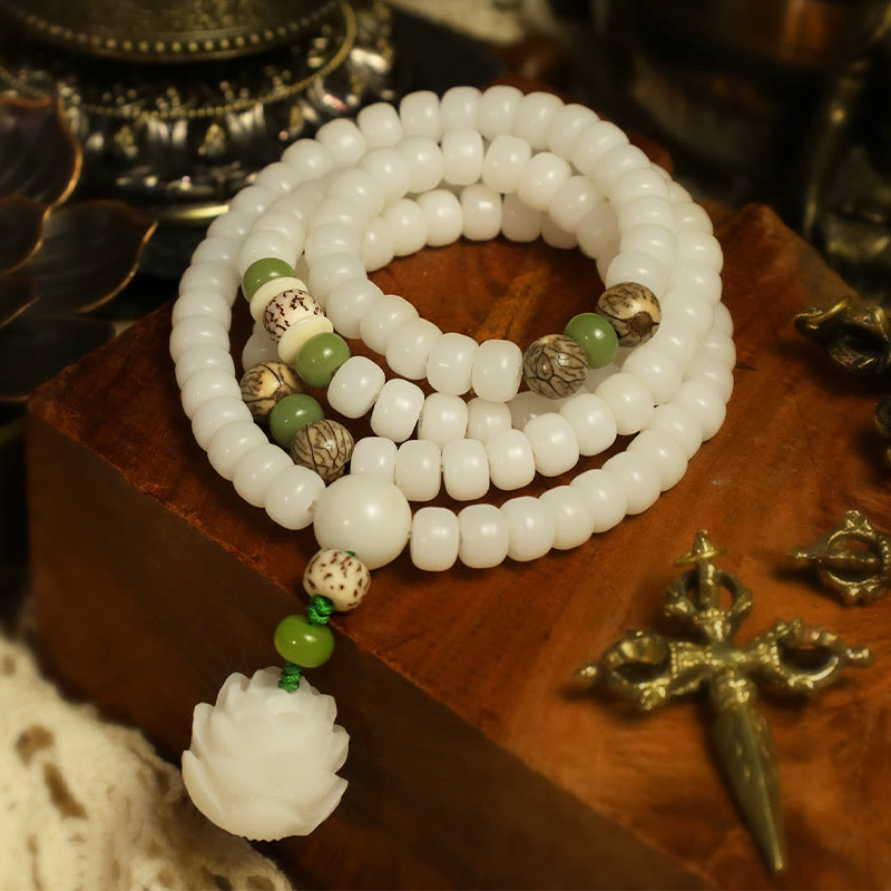 Buddha Stones White Jade Bodhi Lotus Mala Harmony Necklace Bracelet