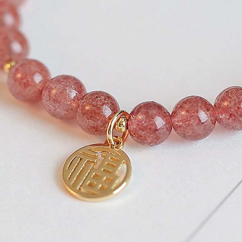 Buddha Stones 14K Gold Plated Strawberry Quartz Fu Character Healing Charm Bracelet