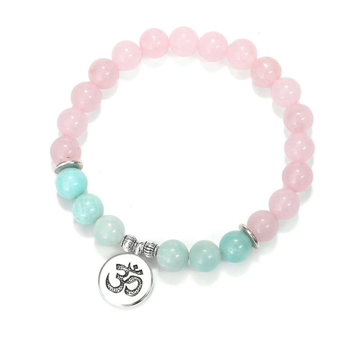 Buddha Stones Natural Pink Crystal Amazonite Lotus Buddha OM Symbol Warmth Bracelet