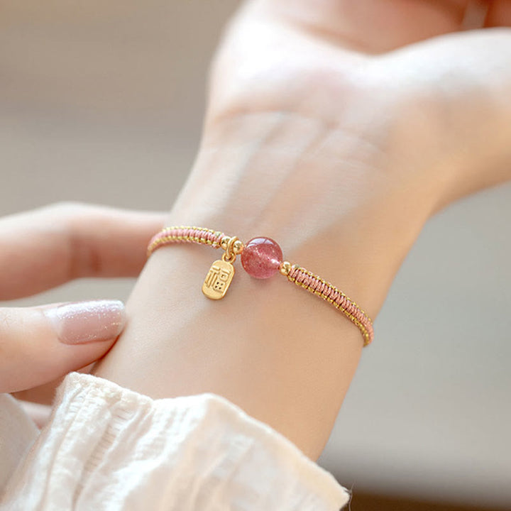 Buddha Stones Handmade Strawberry Quartz Hetian Jade Bead Fu Character Healing Bracelet