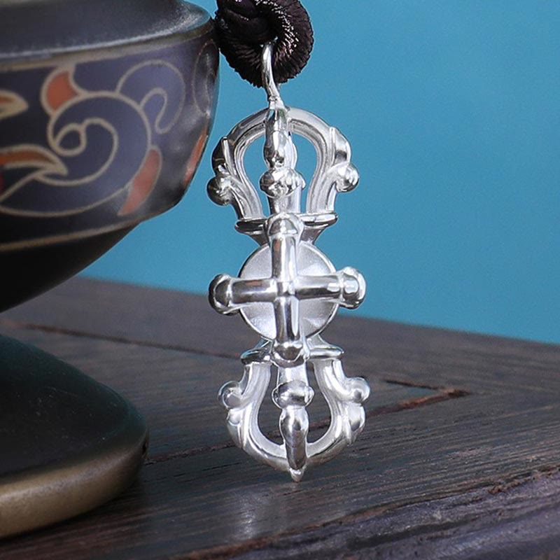 999 Sterling Silver Double Dorje Vajra Spiritual Power Strength Necklace Pendant