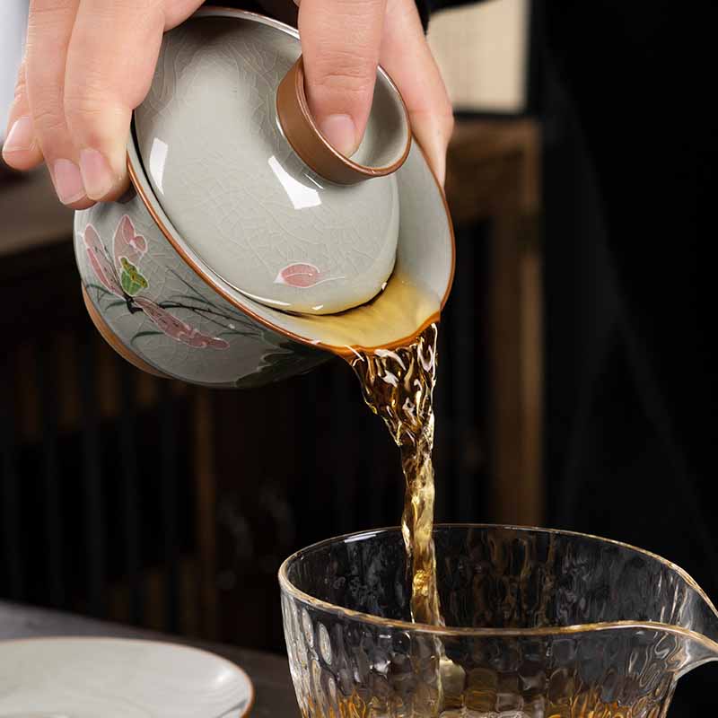 Buddha Stones Lotus Koi Fish Pod Leaf Ceramic Gaiwan Sancai Teacup Kung Fu Tea Cup And Saucer With Lid 140ml