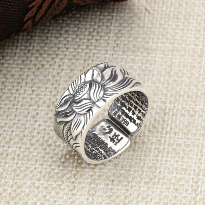 999 Sterling Silver Lotus Symbol Heart Sutra Protection Ring