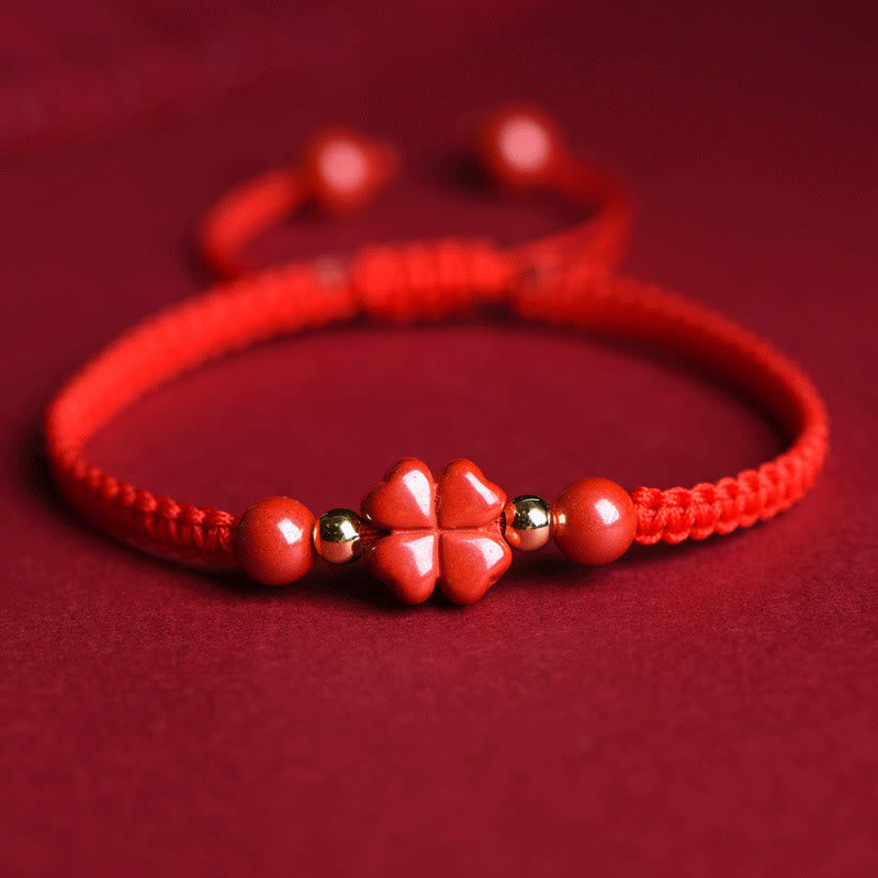 Four Leaf Clover Five-petal Flower Cinnabar Blessing Red String Bracelet