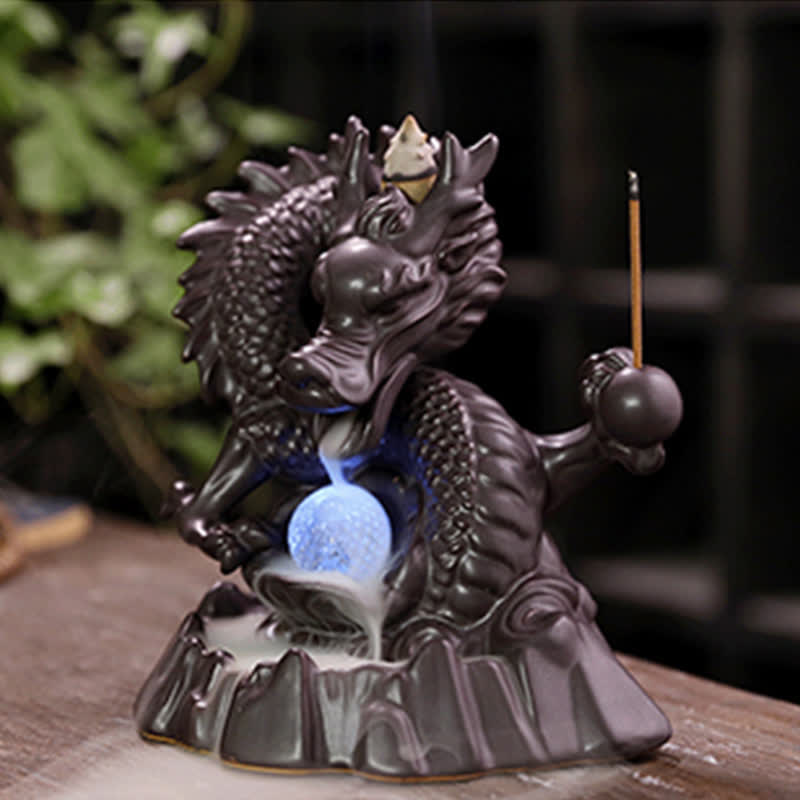 Auspicious Dragon Ceramic Backflow Smoke Fountain Meditation Healing Incense Burner Led Ball Decoration