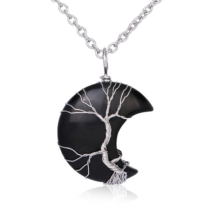 Buddha Stones Natural Quartz Crystal Moon Tree Of Life Healing Energy Necklace Pendant