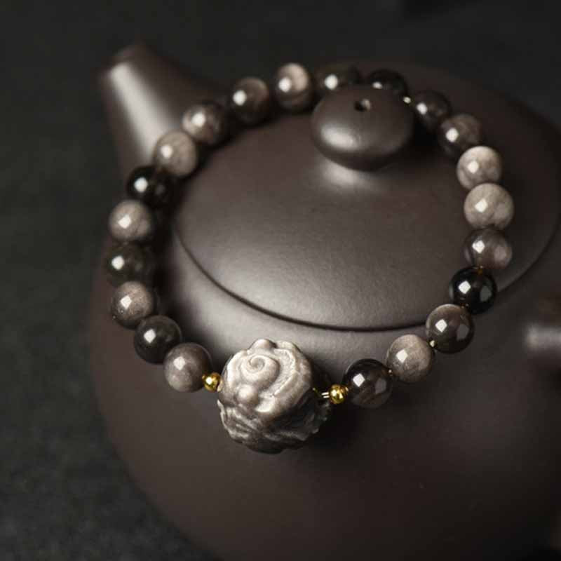 Buddha Stones Silver Sheen Obsidian Lotus Flower Nine Tailed Fox Laughing Buddha Protection Bracelet