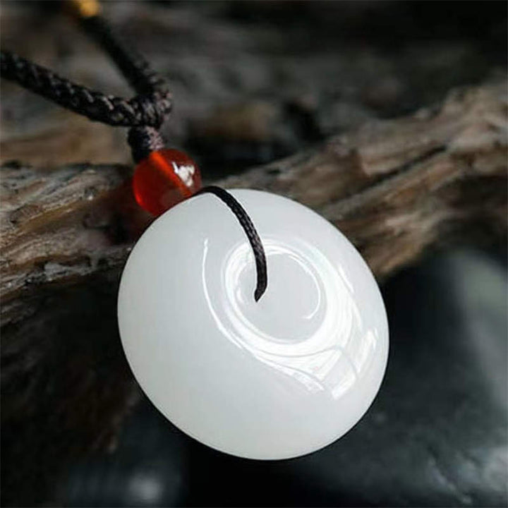 Round Hetian White Jade Peace Buckle Blessing Necklace Pendant