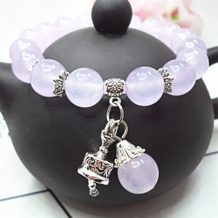 Vintage Crystal Chalcedony Stone Energy Beaded Bell Charm Bracelet