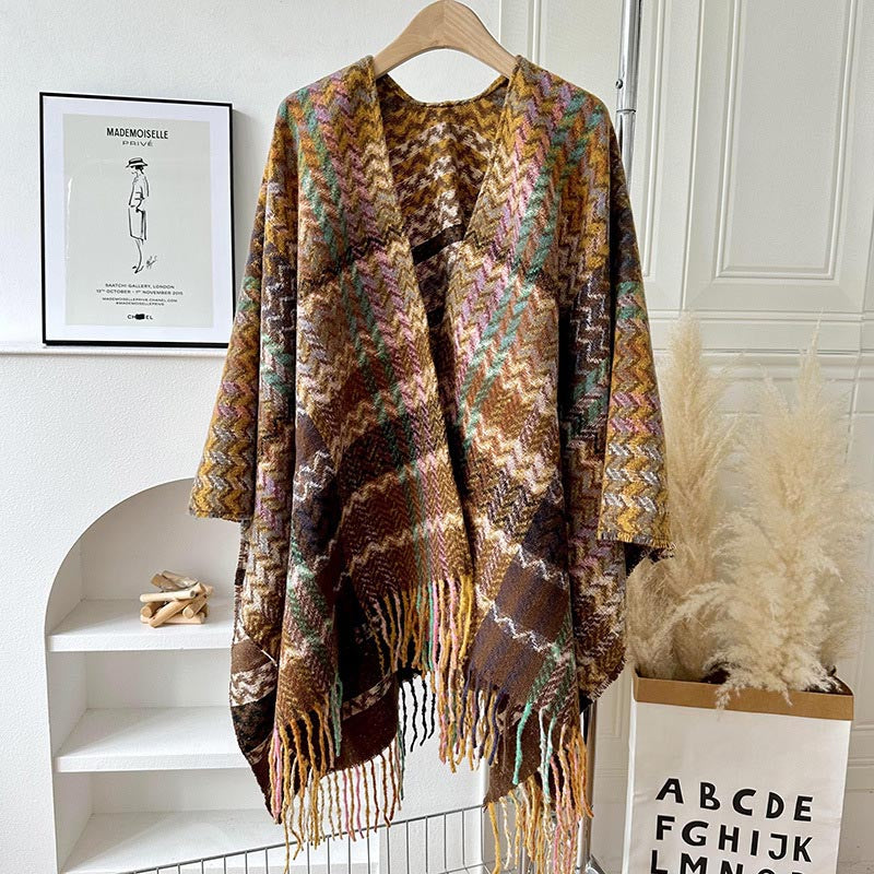 Buddha Stones Tibetan Shawl Colorful Wavy Striped Shapes Tassels Winter Cozy Travel Scarf Wrap